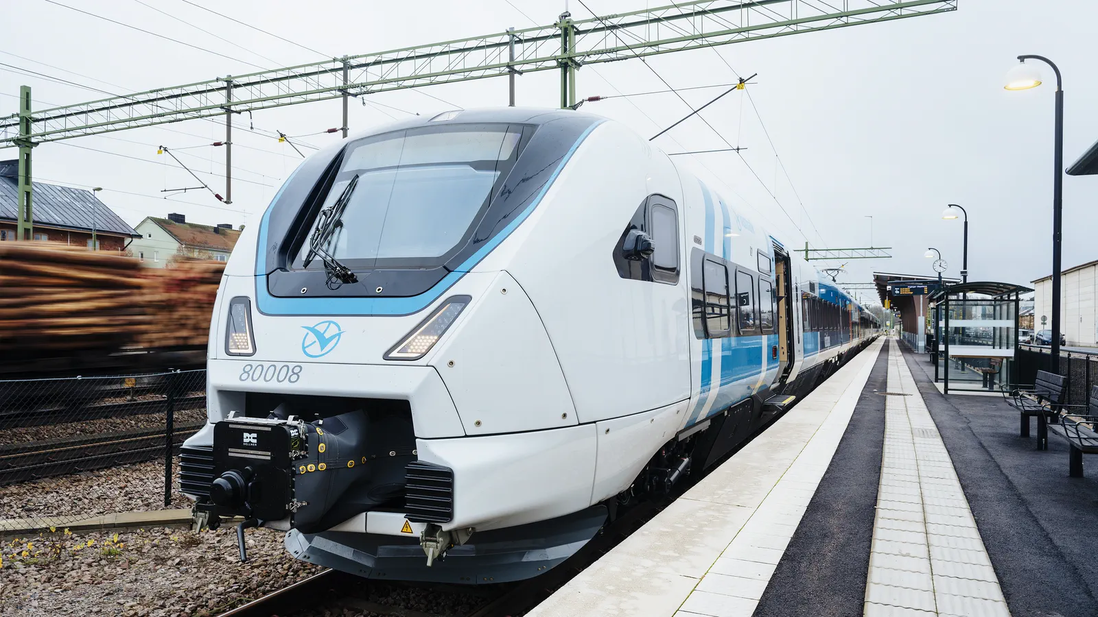 Front view of a Västtrafik Alstom X80 train standing at a station platform