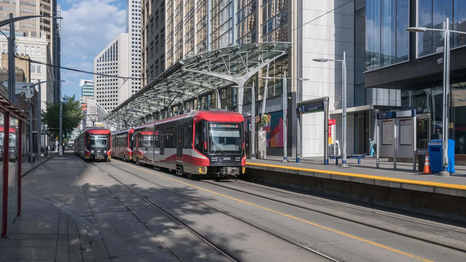 Two Calgary CTrain vehicles at 1 Street SW station in downtown Calgary
