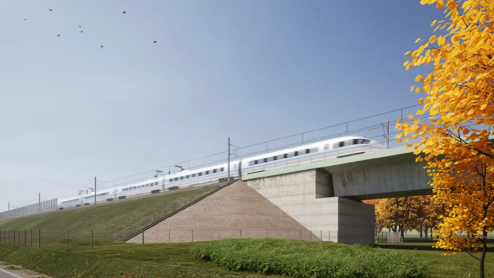 Official rendering of a high-speed train crossing a viaduct on the Warsaw–Łódź line