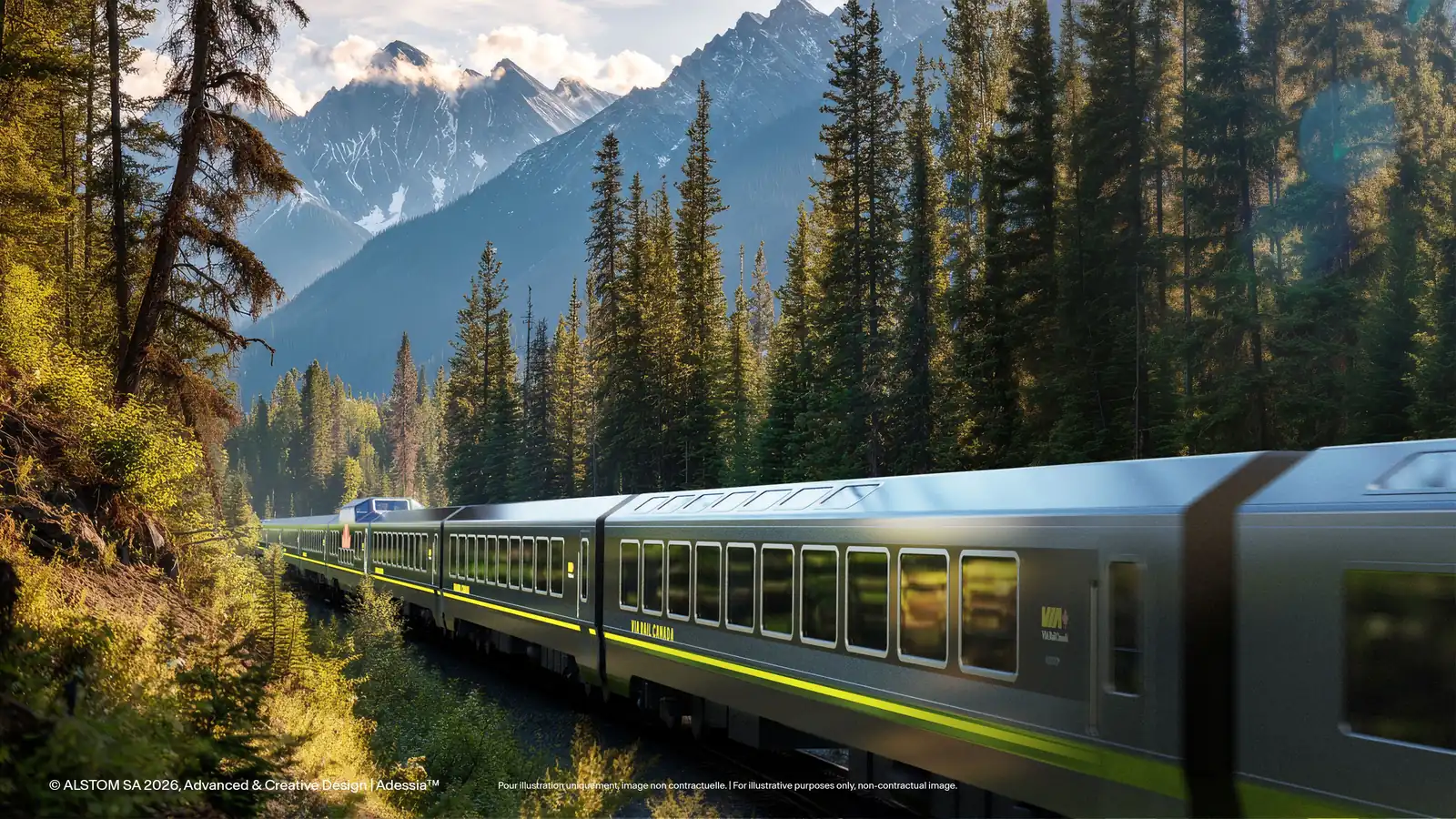 Alstom Adessia cars in VIA Rail livery beside a forest and mountains, shown in an official rendering