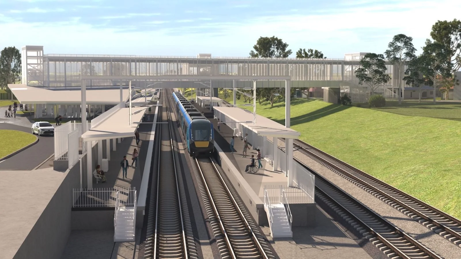 Official rendering of Keilor East station with a train, platforms and a pedestrian overpass